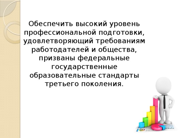  Обеспечить высокий уровень профессиональной подготовки, удовлетворяющий требованиям работодателей и общества, призваны федеральные государственные образовательные стандарты третьего поколения. 