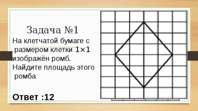 Задача №1 На клетчатой бумаге с  размером клетки  1×1   изображён ромб. Найдите площадь этого  ромба .  Ответ :12 