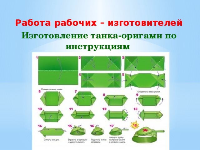 Работа рабочих – изготовителей Изготовление танка-оригами по инструкциям 