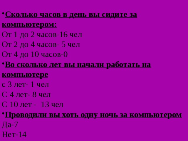 Сколько часов в день вы сидите за компьютером: От 1 до 2 часов-16 чел От 2 до 4 часов- 5 чел От 4 до 10 часов-0 Во сколько лет вы начали работать на компьютере с 3 лет- 1 чел С 4 лет- 8 чел С 10 лет - 13 чел Проводили вы хоть одну ночь за компьютером Да-7 Нет-14 