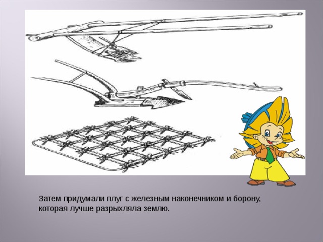 Затем придумали плуг с железным наконечником и борону, которая лучше разрыхляла землю. 