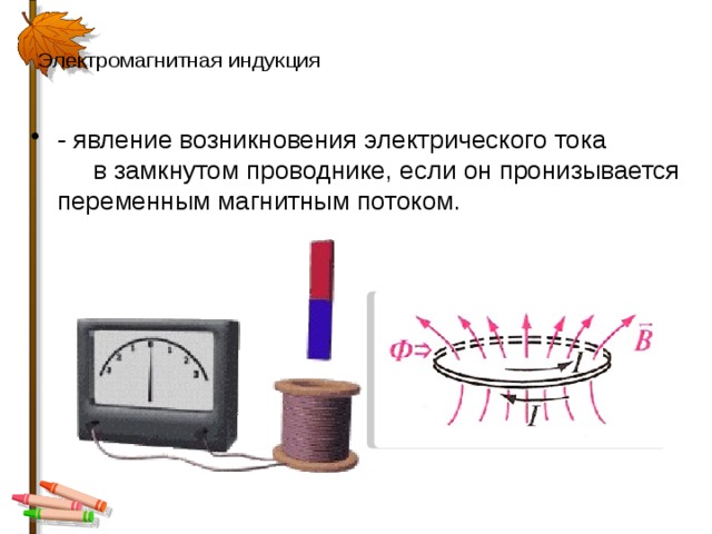 Электромагнитная индукция   - явление возникновения электрического тока в замкнутом проводнике, если он пронизывается переменным магнитным потоком. 