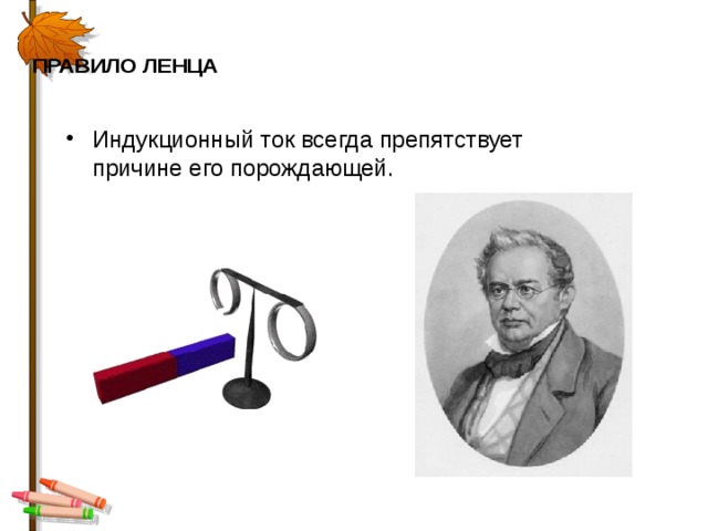 ПРАВИЛО ЛЕНЦА   Индукционный ток всегда препятствует причине его порождающей. 