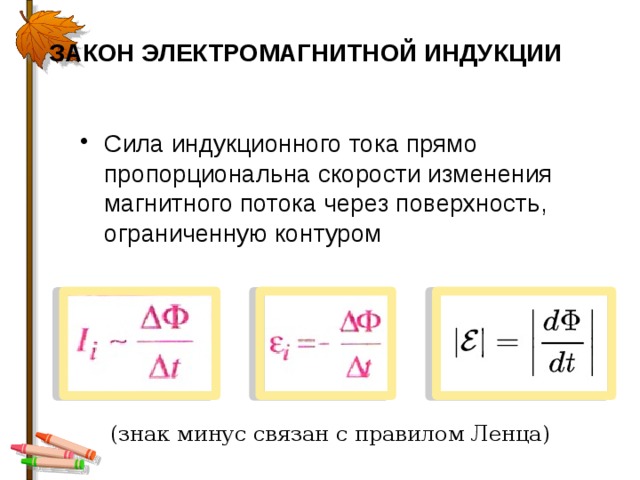 ЗАКОН ЭЛЕКТРОМАГНИТНОЙ ИНДУКЦИИ Сила индукционного тока прямо пропорциональна скорости изменения магнитного потока через поверхность, ограниченную контуром (знак минус связан с правилом Ленца) 