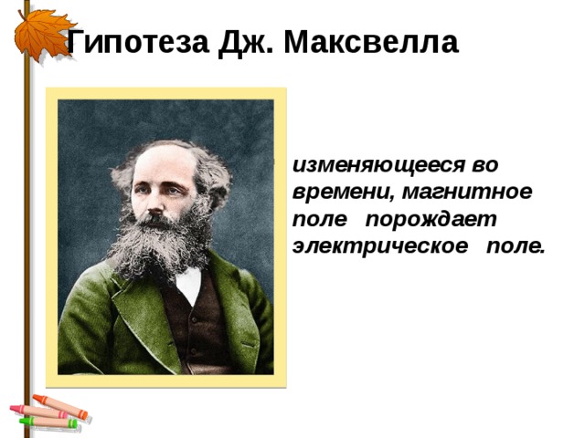 Гипотеза Дж. Максвелла изменяющееся во времени, магнитное поле порождает электрическое поле. 