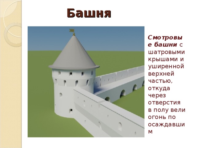 Башня Смотровые башни с шатровыми крышами и уширенной верхней частью, откуда через отверстия в полу вели огонь по осаждавшим 