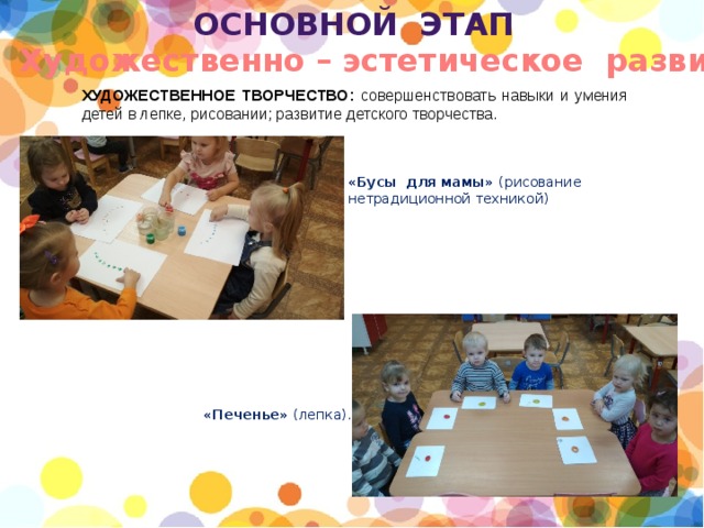 основной этап Художественно – эстетическое развитие ХУДОЖЕСТВЕННОЕ ТВОРЧЕСТВО: совершенствовать навыки и умения детей в лепке, рисовании; развитие детского творчества. «Бусы для мамы» (рисование нетрадиционной техникой) «Печенье» (лепка). 