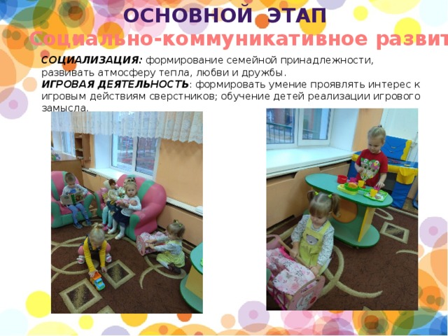 основной этап Социально-коммуникативное развитие СОЦИАЛИЗАЦИЯ: формирование семейной принадлежности, развивать атмосферу тепла, любви и дружбы. ИГРОВАЯ ДЕЯТЕЛЬНОСТЬ : формировать умение проявлять интерес к игровым действиям сверстников; обучение детей реализации игрового замысла. 