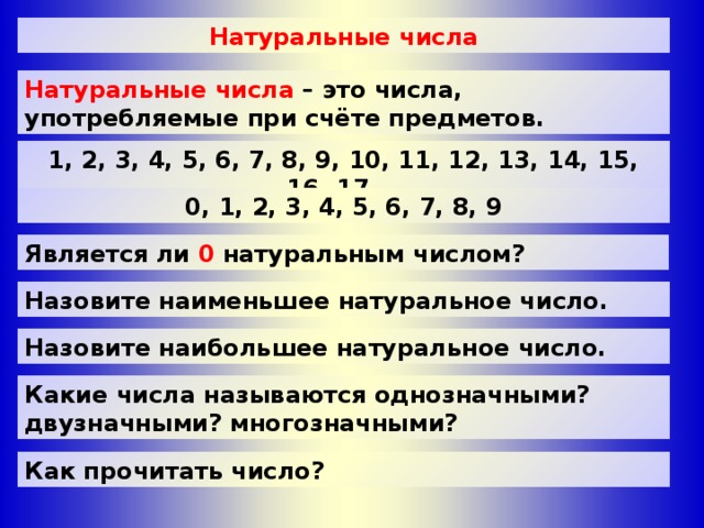 Натуральные числа Натуральные числа Натуральные числа – это числа, употребляемые при счёте предметов. 1, 2, 3, 4, 5, 6, 7, 8, 9, 10, 11, 12, 13, 14, 15, 16, 17 … 0, 1, 2, 3, 4, 5, 6, 7, 8, 9 Является ли 0 натуральным числом? Назовите наименьшее натуральное число. Назовите наибольшее натуральное число. Какие числа называются однозначными? двузначными? многозначными? Как прочитать число? 