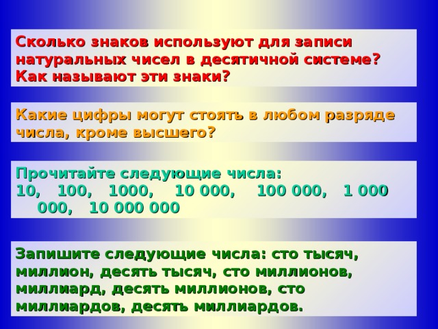 Сколько знаков используют для записи натуральных чисел в десятичной системе? Как называют эти знаки? Какие цифры могут стоять в любом разряде числа, кроме высшего?  Прочитайте следующие числа: 10, 100, 1000, 10 000, 100 000, 1 000 000, 10 000 000 Запишите следующие числа: сто тысяч, миллион, десять тысяч, сто миллионов, миллиард, десять миллионов, сто миллиардов, десять миллиардов. 
