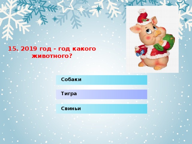15. 2019 год - год какого животного?   Собаки Тигра Свиньи 