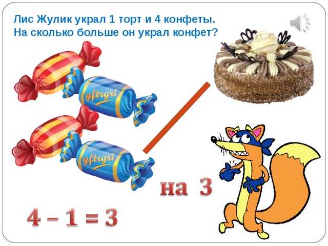Лис Жулик украл 1 торт и 4 конфеты. На сколько больше он украл конфет? 