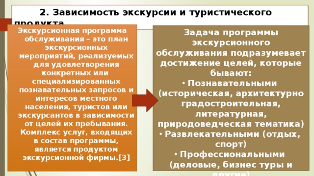  2. Зависимость экскурсии и туристического продукта Экскурсионная программа обслуживания – это план экскурсионных мероприятий, реализуемых для удовлетворения конкретных или специализированных познавательных запросов и интересов местного населения, туристов или экскурсантов в зависимости от целей их пребывания. Комплекс услуг, входящих в состав программы, является продуктом экскурсионной фирмы.[3] Задача программы экскурсионного обслуживания подразумевает достижение целей, которые бывают: Познавательными (историческая, архитектурно градостроительная, литературная, природоведческая тематика) Развлекательными (отдых, спорт) Профессиональными (деловые, бизнес туры и другие) Прочими (паломничество, хобби, обучение и другие) 
