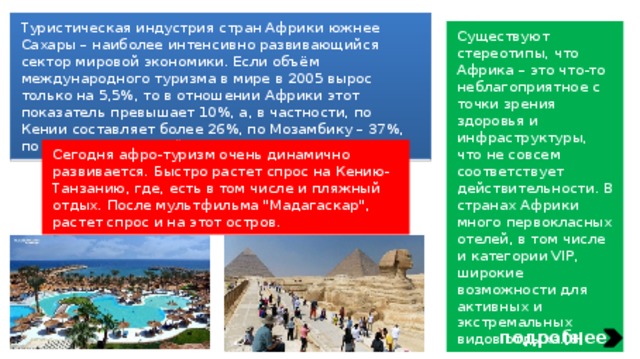 Туристическая индустрия стран Африки южнее Сахары – наиболее интенсивно развивающийся сектор мировой экономики. Если объём международного туризма в мире в 2005 вырос только на 5,5%, то в отношении Африки этот показатель превышает 10%, а, в частности, по Кении составляет более 26%, по Мозамбику – 37%, по ЮАР – 11%, по Сейшелам – 7% Существуют стереотипы, что Африка – это что-то неблагоприятное с точки зрения здоровья и инфраструктуры, что не совсем соответствует действительности. В странах Африки много первокласных отелей, в том числе и категории VIP, широкие возможности для активных и экстремальных видов отдыха.[8] Сегодня афро-туризм очень динамично развивается. Быстро растет спрос на Кению-Танзанию, где, есть в том числе и пляжный отдых. После мультфильма 