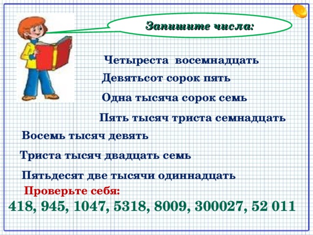 Запишите числа: Четыреста восемнадцать Девятьсот сорок пять Одна тысяча сорок семь Пять тысяч триста семнадцать Восемь тысяч девять Триста тысяч двадцать семь Пятьдесят две тысячи одиннадцать Проверьте себя: 418, 945, 1047, 5318, 8009, 300027, 52 011 