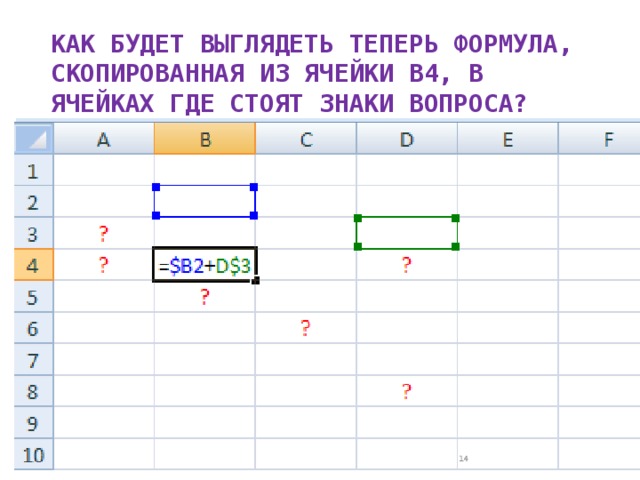 КАК БУДЕТ ВЫГЛЯДЕТЬ ТЕПЕРЬ ФОРМУЛА, СКОПИРОВАННАЯ ИЗ ЯЧЕЙКИ В4, В ЯЧЕЙКАХ ГДЕ СТОЯТ ЗНАКИ ВОПРОСА?
