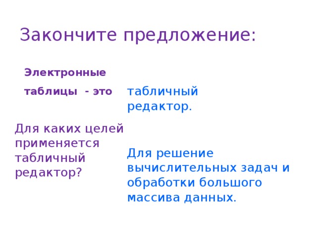 Закончите предложение: Электронные таблицы - это табличный редактор. Для каких целей применяется табличный редактор? Для решение вычислительных задач и обработки большого массива данных.