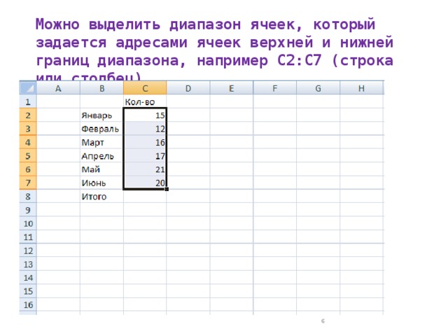 Можно выделить диапазон ячеек, который задается адресами ячеек верхней и нижней границ диапазона, например С2:С7 (строка или столбец)