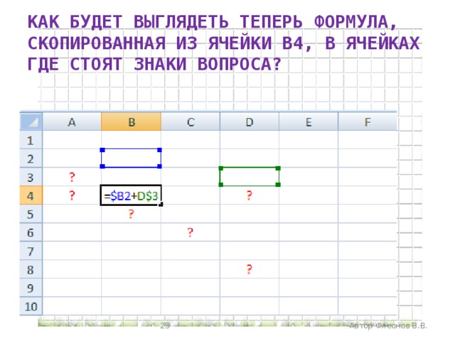 КАК БУДЕТ ВЫГЛЯДЕТЬ ТЕПЕРЬ ФОРМУЛА, СКОПИРОВАННАЯ ИЗ ЯЧЕЙКИ В4, В ЯЧЕЙКАХ ГДЕ СТОЯТ ЗНАКИ ВОПРОСА?  Автор Флеонов В.В.