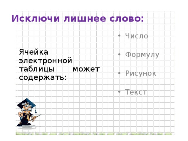 Исключи лишнее слово: Ячейка электронной таблицы может содержать: