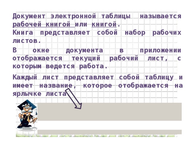 Документ электронной таблицы называется рабочей книгой или книгой . Книга представляет собой набор рабочих листов. В окне документа в приложении отображается текущий рабочий лист, с которым ведется работа. Каждый лист представляет собой таблицу и имеет название, которое отображается на ярлычке листа.