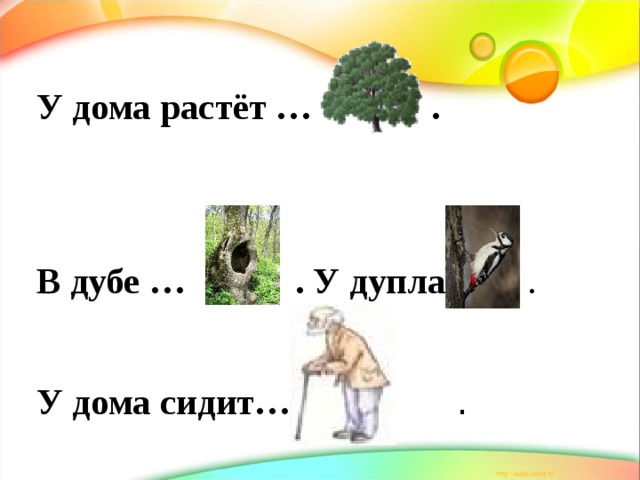 У дома растёт … .    В дубе … . У дупла … .   У дома сидит…  . 