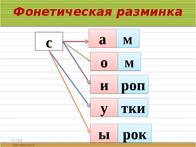 Фонетическая разминка   а м с о м и роп у тки ы рок 1/7/19  