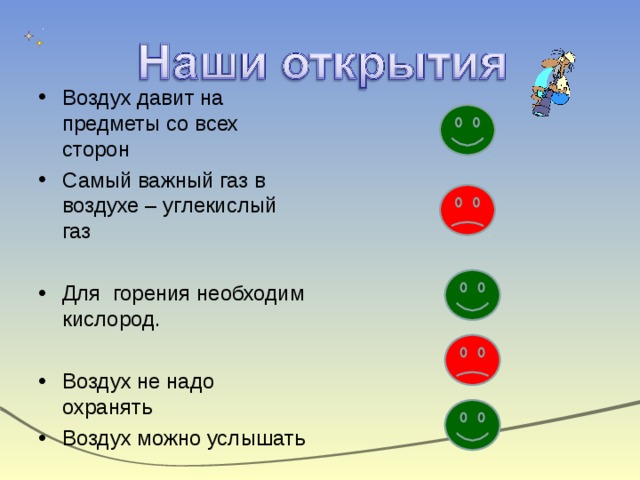 Воздух давит на предметы со всех сторон Самый важный газ в воздухе – углекислый газ Для горения необходим кислород.  Воздух не надо охранять Воздух можно услышать 