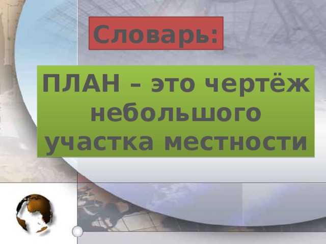 Словарь: ПЛАН – это чертёж небольшого участка местности 