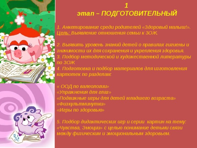 1  этап – ПОДГОТОВИТЕЛЬНЫЙ  1. Анкетирование среди родителей «Здоровый малыш!». Цель: Выявление отношения семьи к ЗОЖ. 2. Выявить уровень знаний детей о правилах гигиены и значимости их для сохранения и укрепления здоровья. 3. Подбор методической и художественной литературы по ЗОЖ 4. Подготовка и подбор материалов для изготовления картотек по разделам: « ООД по валеологии» «Упражнения для глаз» «Подвижные игры для детей младшего возраста» «Физкультминутки» «Игры по здоровью» 5. Подбор дидактических игр и серии картин на тему: «Чувства, Эмоции» с целью понимание детьми связи между физическим и эмоциональным здоровьем.   