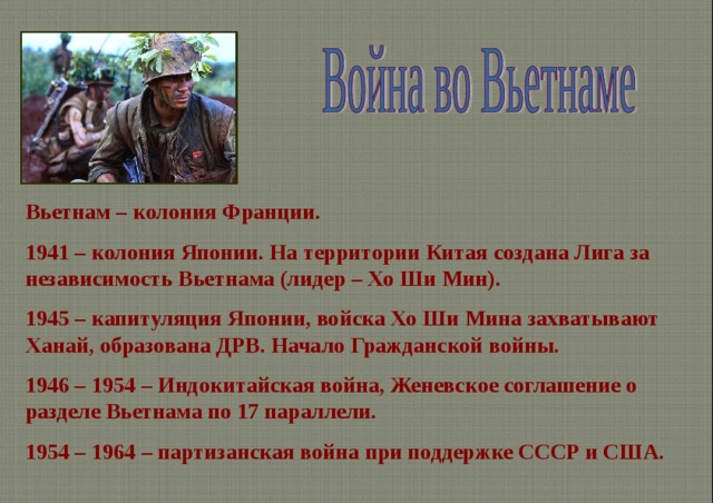 Вьетнам – колония Франции. 1941 – колония Японии. На территории Китая создана Лига за независимость Вьетнама (лидер – Хо Ши Мин). 1945 – капитуляция Японии, войска Хо Ши Мина захватывают Ханай, образована ДРВ. Начало Гражданской войны. 1946 – 1954 – Индокитайская война, Женевское соглашение о разделе Вьетнама по 17 параллели. 1954 – 1964 – партизанская война при поддержке СССР и США. 