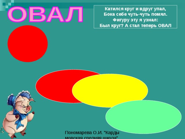 Катился круг и вдруг упал, Бока себе чуть-чуть помял. Фигуру эту я узнал: Был круг ? А стал теперь ОВАЛ 