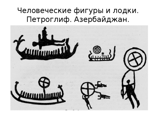 Человеческие фигуры и лодки. Петроглиф. Азербайджан. 