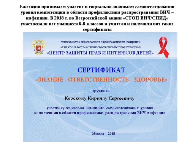 Ежегодно принимаем участие в социально-значимом самоисследовании уровня компетенции в области профилактики распространения ВИЧ – инфекции. В 2018 г. во Всероссийской акции «СТОП ВИЧ/СПИД» участвовали все учащиеся 6-8 классов и учителя и получили вот такие сертификаты 