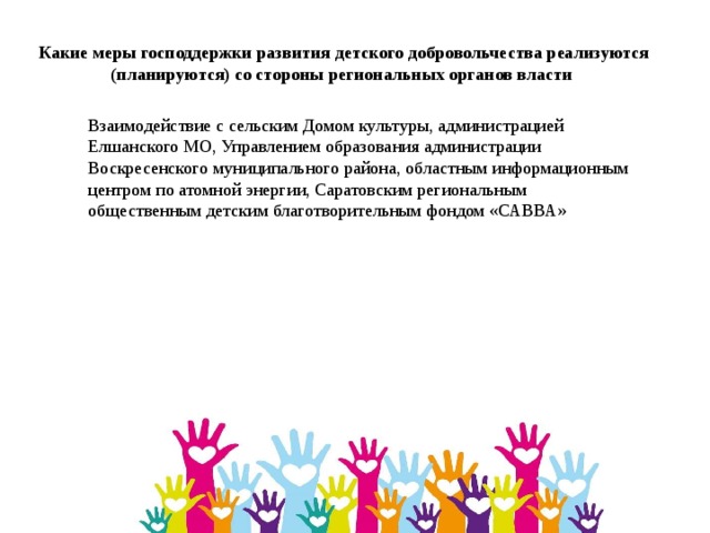 Какие меры господдержки развития детского добровольчества реализуются (планируются) со стороны региональных органов власти Взаимодействие с сельским Домом культуры, администрацией Елшанского МО, Управлением образования администрации Воскресенского муниципального района, областным информационным центром по атомной энергии, Саратовским региональным общественным детским благотворительным фондом «САВВА» 