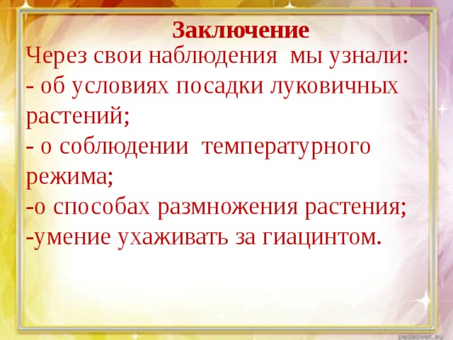 Заключение Через свои наблюдения мы узнали: - об условиях посадки луковичных растений; - о соблюдении температурного режима; -о способах размножения растения; -умение ухаживать за гиацинтом. 