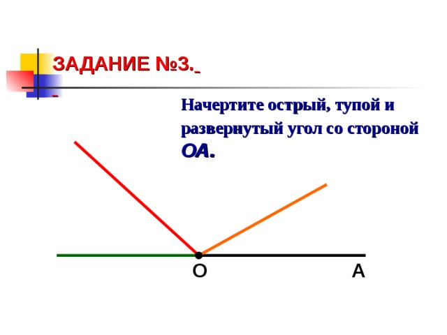 ЗАДАНИЕ №3.  Начертите острый, тупой и развернутый угол со  стороной  ОА. О А 