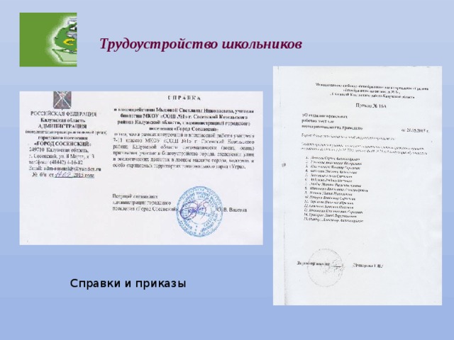 Трудоустройство школьников Справки и приказы 