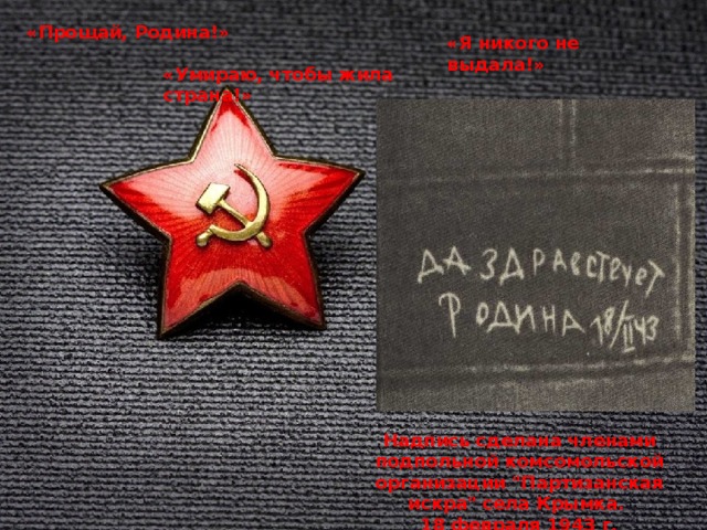 «Прощай, Родина!» «Я никого не выдала!» «Умираю, чтобы жила страна!» Надпись сделана членами подпольной комсомольской организации 