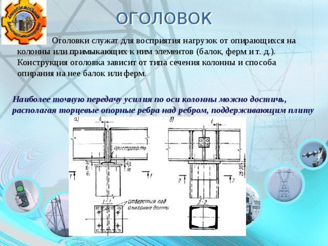 ОГОЛОВОК  Оголовки служат для восприятия нагрузок от опирающихся на колонны или примыкающих к ним элементов (балок, ферм и т. д.). Конструкция оголовка зависит от типа сечения колонны и способа опирания на нее балок или ферм. Наиболее точную передачу усилия по оси колонны можно достичь, располагая торцевые опорные ребра над ребром, поддерживающим плиту 