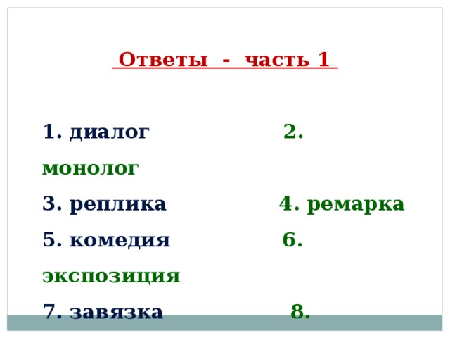   Ответы - часть 1  1. диалог 2. монолог 3. реплика 4. ремарка 5. комедия 6. экспозиция 7. завязка 8. конфликт 9. кульминация 10. развязка  
