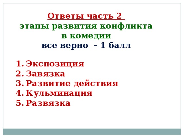 Ответы часть 2 этапы развития конфликта в комедии все верно - 1 балл  Экспозиция Завязка Развитие действия Кульминация Развязка 