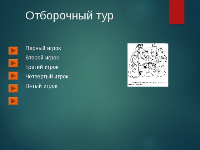 Отборочный тур Первый игрок Второй игрок Третий игрок Четвертый игрок Пятый игрок 