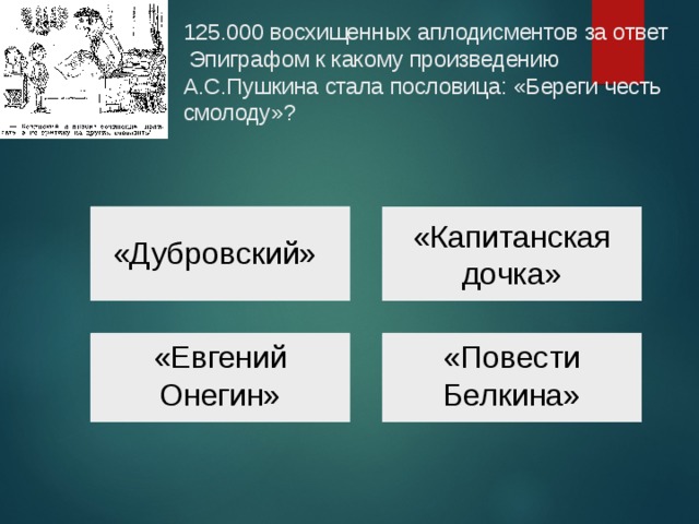 125.000 восхищенных аплодисментов за ответ  Эпиграфом к какому произведению А.С.Пушкина стала пословица: «Береги честь смолоду»?    «Капитанская дочка» «Дубровский» «Повести Белкина» «Евгений Онегин» 