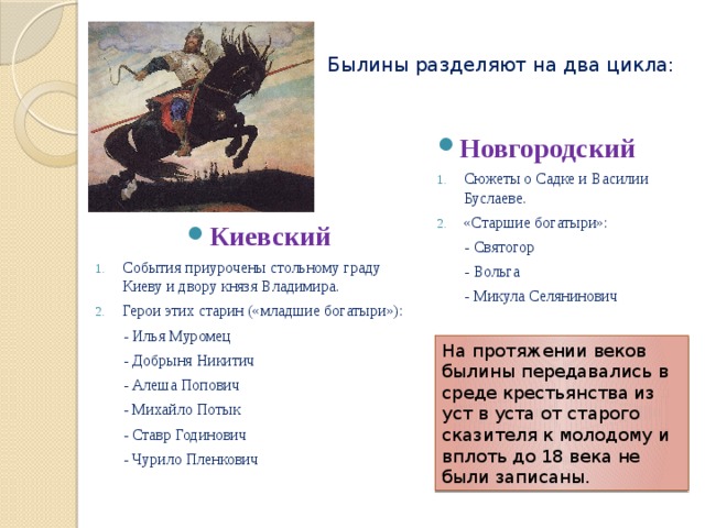 Былины разделяют на два цикла: Новгородский Сюжеты о Садке и Василии Буслаеве. «Старшие богатыри»:  - Святогор  - Вольга  - Микула Селянинович Киевский События приурочены стольному граду Киеву и двору князя Владимира. Герои этих старин («младшие богатыри»):  - Илья Муромец  - Добрыня Никитич  - Алеша Попович  - Михайло Потык  - Ставр Годинович  - Чурило Пленкович  На протяжении веков былины передавались в среде крестьянства из уст в уста от старого сказителя к молодому и вплоть до 18 века не были записаны. 