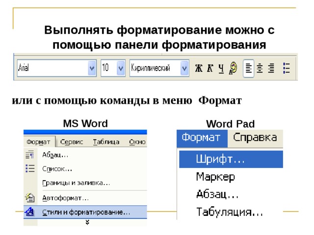 Выполнять форматирование можно с помощью панели форматирования или с помощью команды в меню Формат MS Word Word Pad 