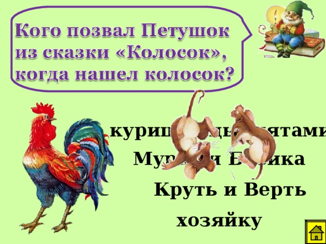 курицу с цыплятами Мурку и Бобика Круть и Верть хозяйку 