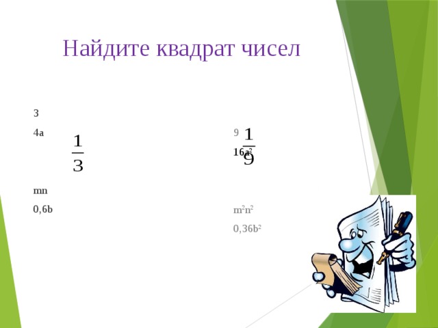 Найдите квадрат чисел   9 16а 2 m 2 n 2 0,36b 2  3 4a  mn 0,6b 