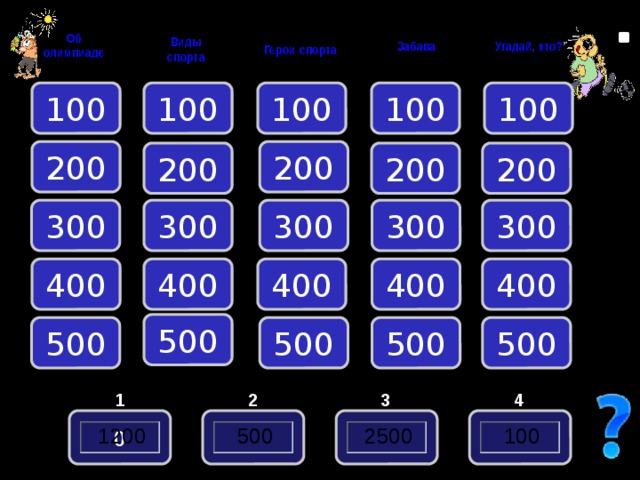 Об олимпиаде Забава Угадай, кто? Виды спорта Герои спорта 100 100 100 100 100 200 200 200 200 200 300 300 300 300 300 400 400 400 400 400 500 500 500 500 500 1 2 3 4 0    
