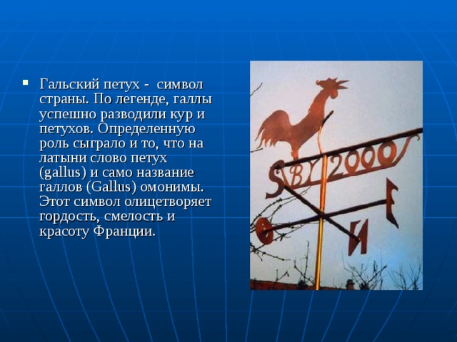Гальский петух - символ страны. По легенде, галлы успешно разводили кур и петухов. Определенную роль сыграло и то, что на латыни слово петух (gallus) и само название галлов (Gallus) омонимы. Этот символ олицетворяет гордость, смелость и красоту Франции. 